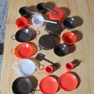 Vintage Toy Cookware Set - Red, Brown, White Mini Pots & Pans